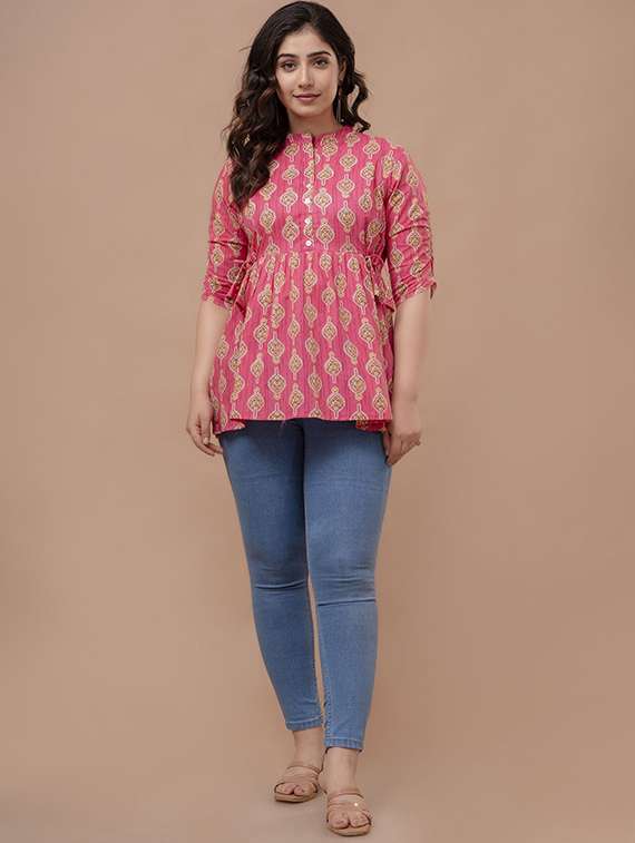 women printed three quarter sleeve a-line ethnic top