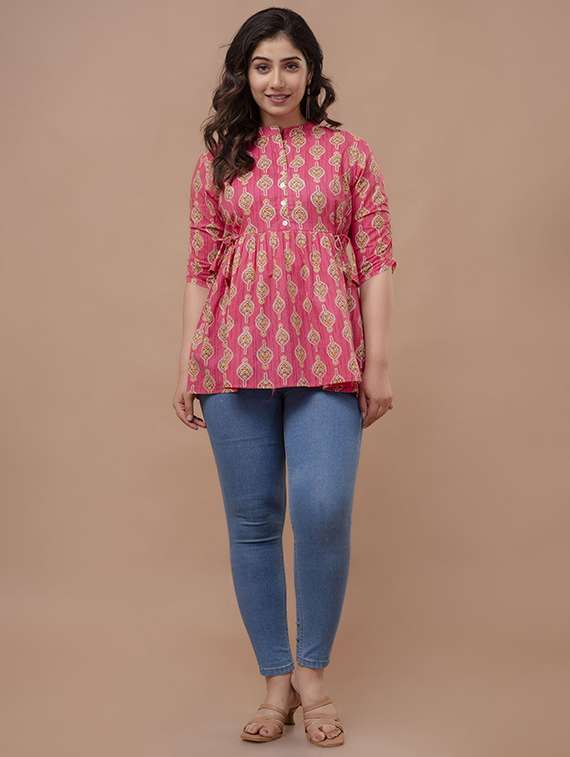 women printed three quarter sleeve a-line ethnic top - 22219132 -  Standard Image - 3
