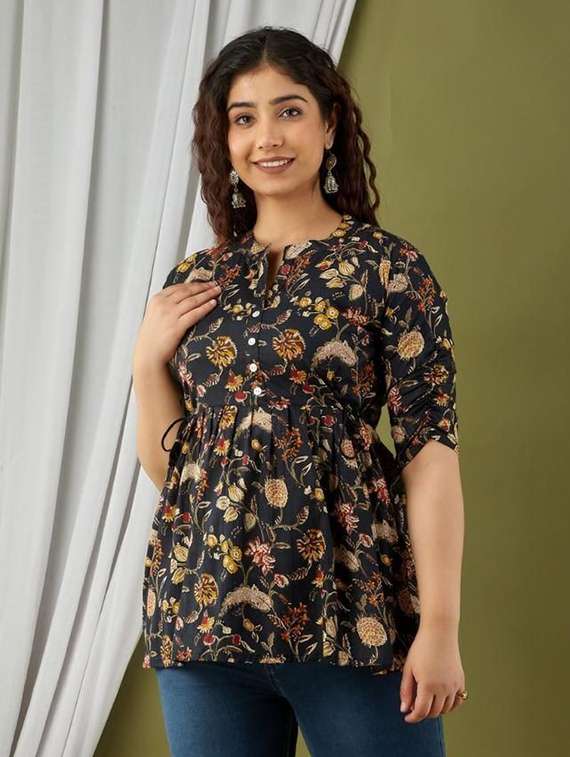 women floral printed three quarter sleeve a-line ethnic top