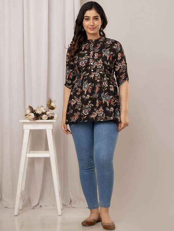 women floral printed three quarter sleeve a-line ethnic top - 22219141 -  Standard Image - 3