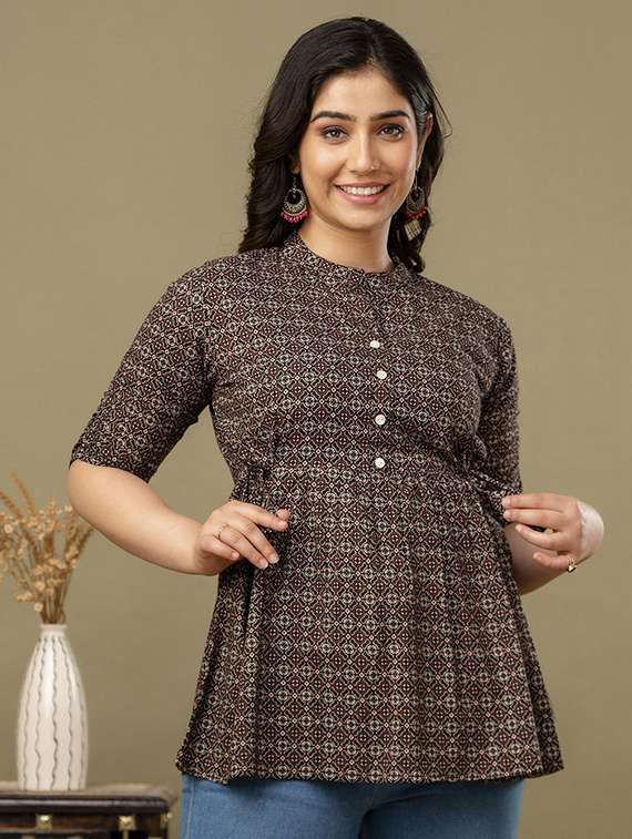 women printed three quarter sleeve a-line ethnic top