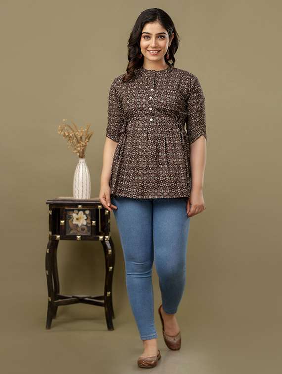 women printed three quarter sleeve a-line ethnic top - 22219161 -  Standard Image - 3