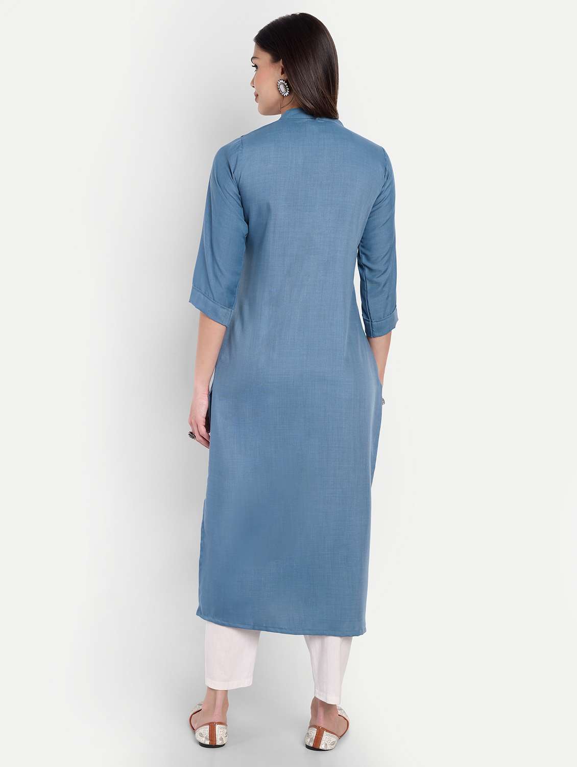 women solid with work three quarter sleeve straight kurta - 22219193 -  Standard Image - 3