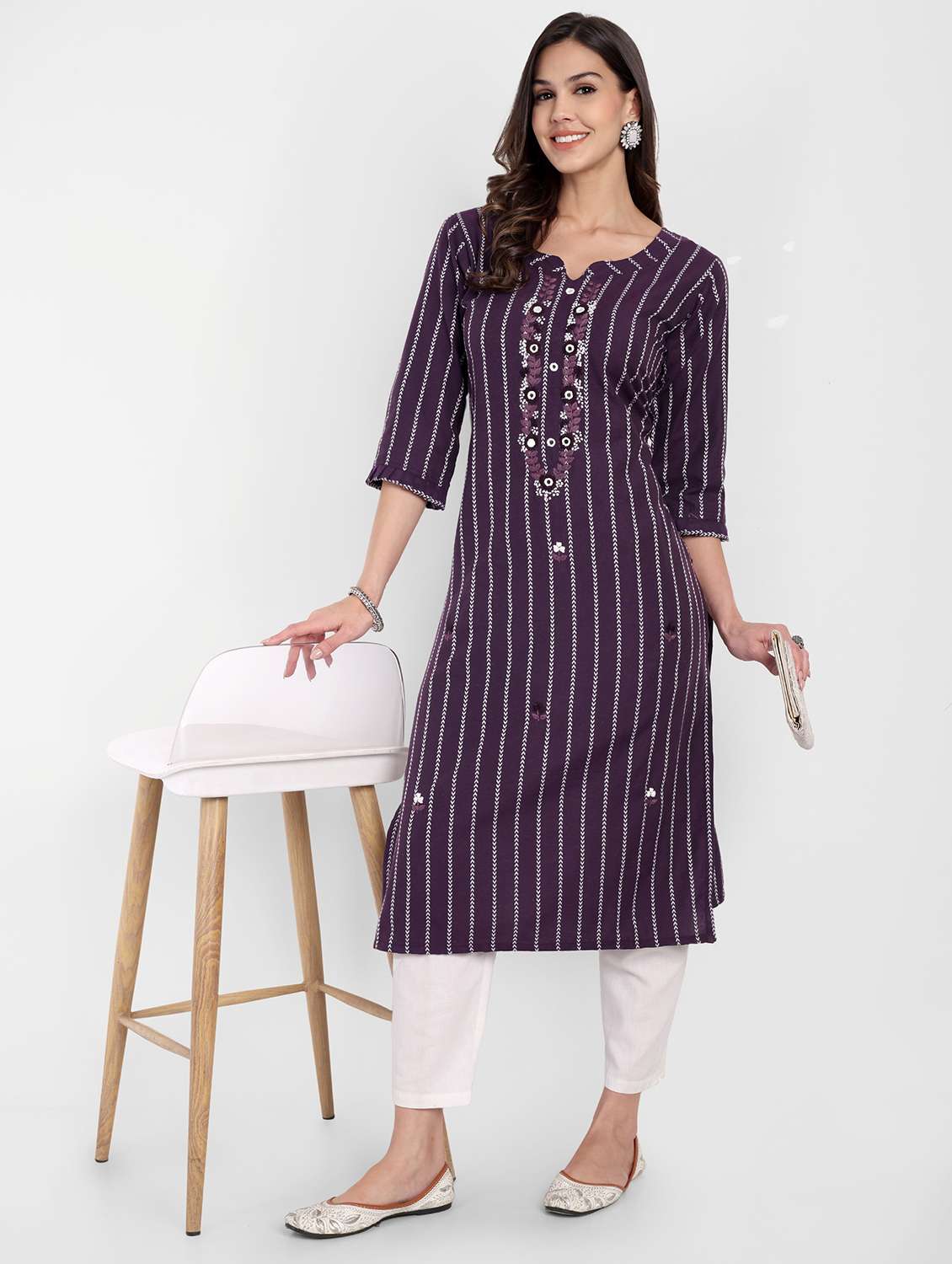 women striped three quarter sleeve straight kurta