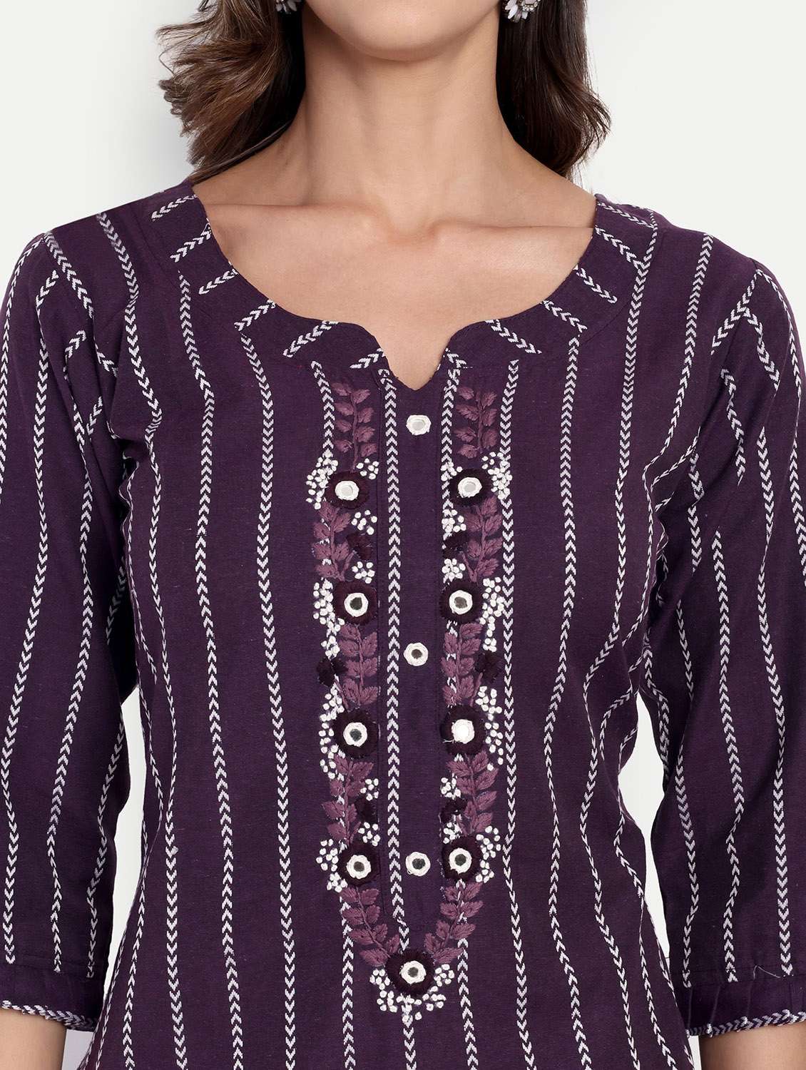 women striped three quarter sleeve straight kurta - 22219194 -  Standard Image - 5