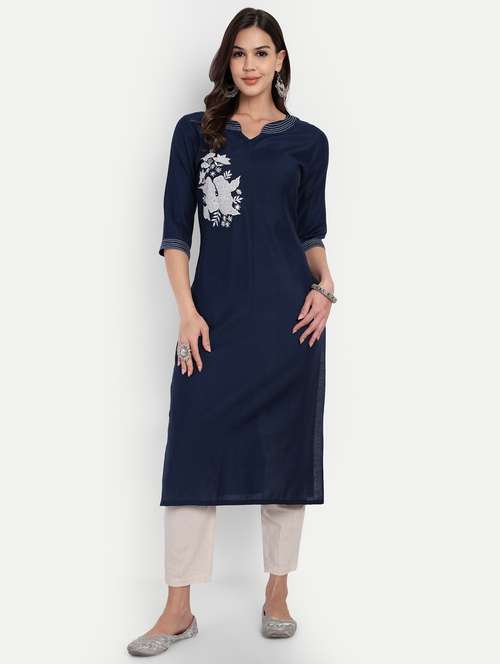 women solid with work three quarter sleeve straight kurta - 22219196 -  Standard Image - 0