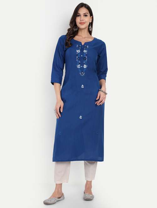women solid with work three quarter sleeve straight kurta - 22219197 -  Standard Image - 0