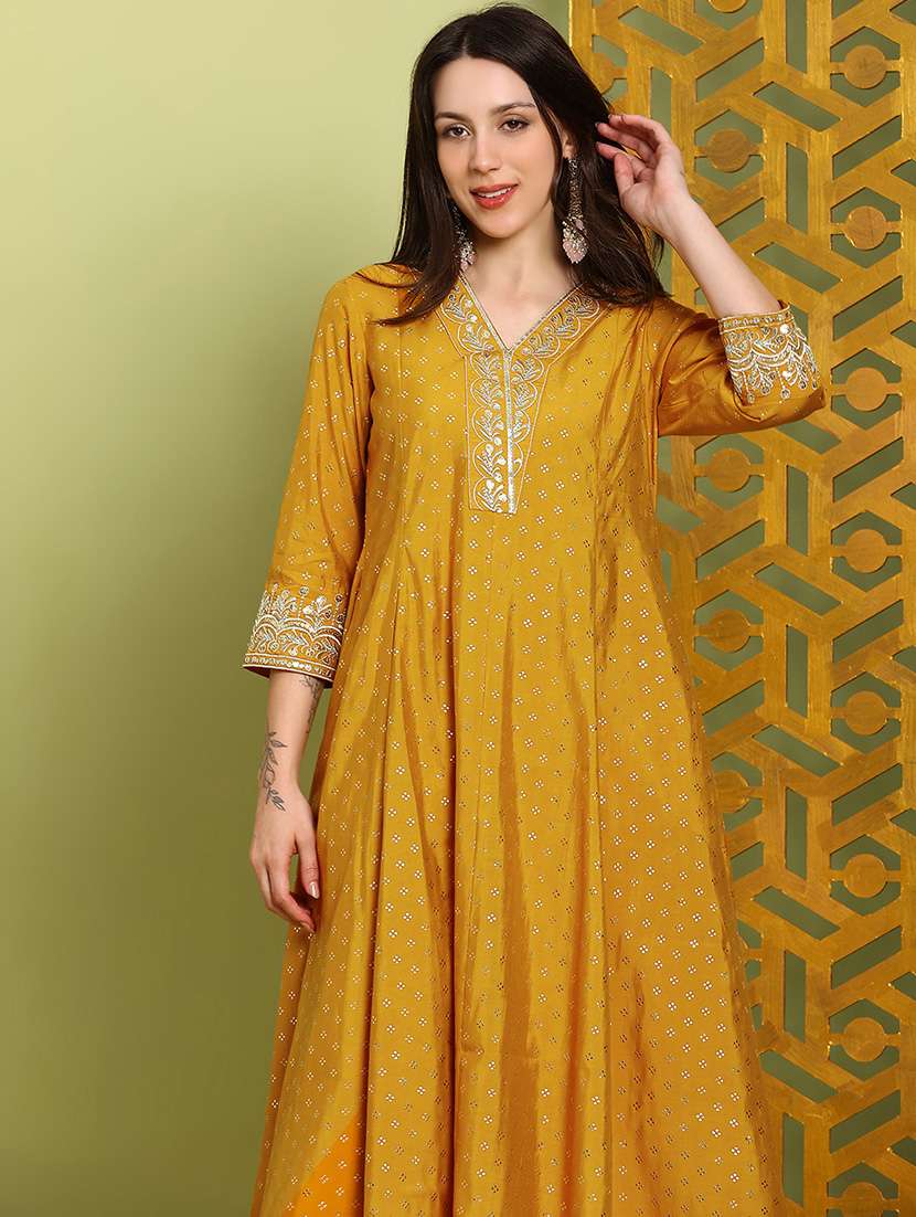 globus women mustard zari embroidered v-neck gold foil print panelled anarkali kurta & wide leg pants festive set - 22219210 -  Standard Image - 3