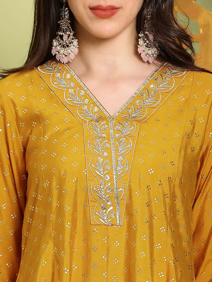 globus women mustard zari embroidered v-neck gold foil print panelled anarkali kurta & wide leg pants festive set - 22219210 -  Standard Image - 5