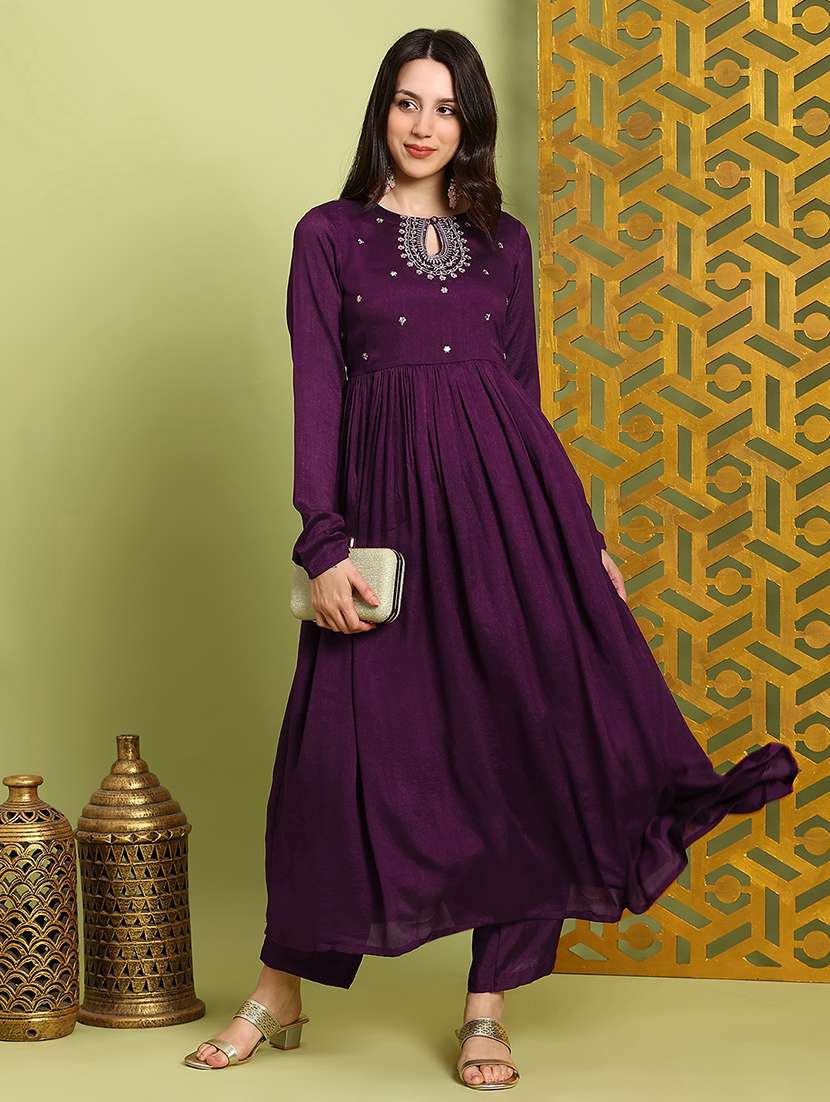 globus women purple sequin embroidered keyhole neck anarkali kurta with wide leg pants festive set