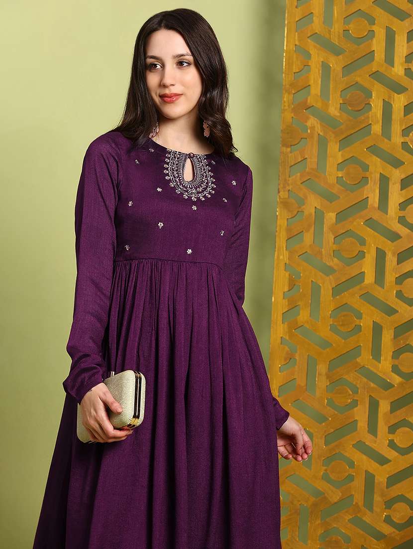 globus women purple sequin embroidered keyhole neck anarkali kurta with wide leg pants festive set - 22219213 -  Standard Image - 3