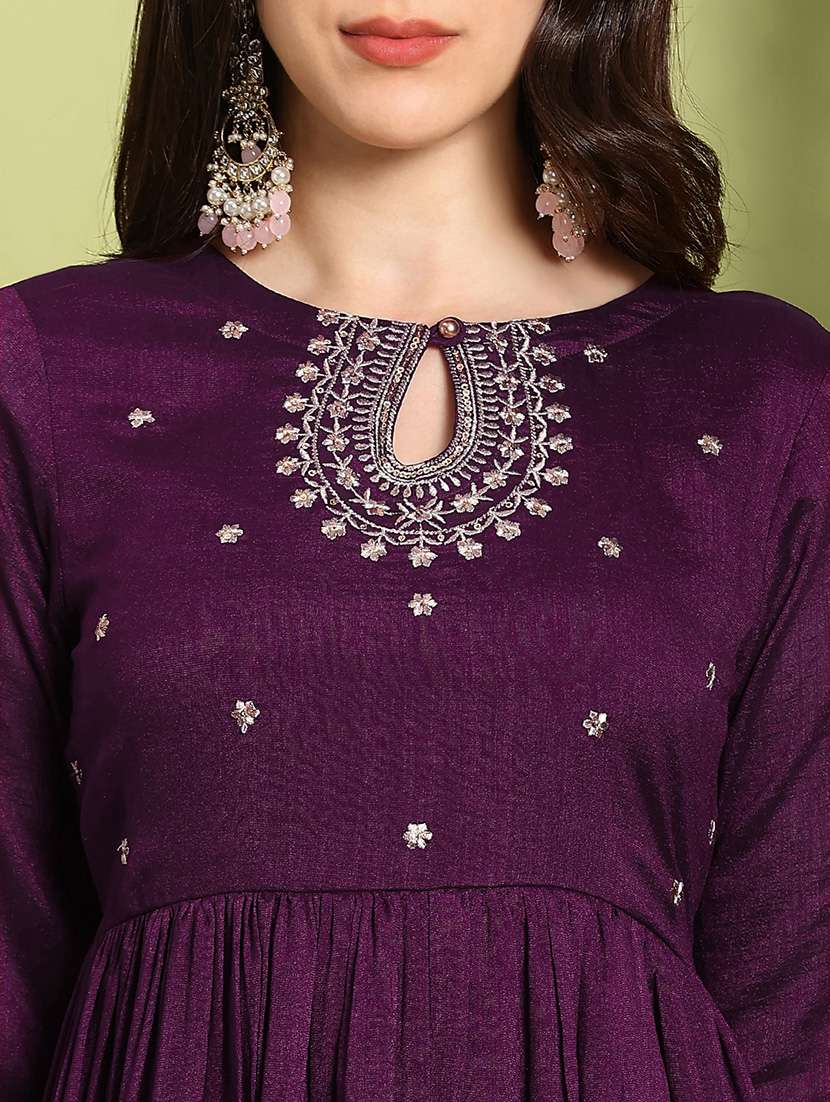 globus women purple sequin embroidered keyhole neck anarkali kurta with wide leg pants festive set - 22219213 -  Standard Image - 5
