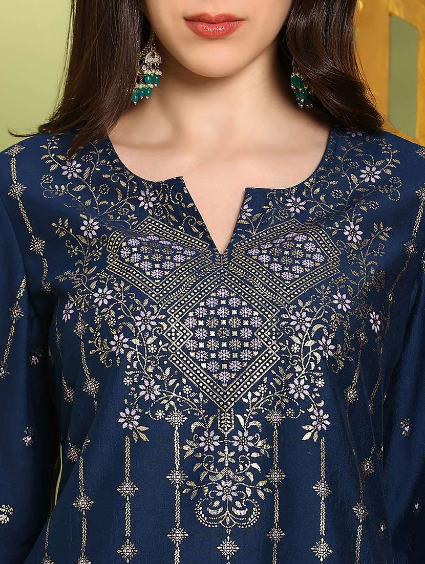 globus women navy blue round neck bell sleeves gold foil ethnic print straight kurta with dhoti pants festive set - 22219214 -  Standard Image - 5