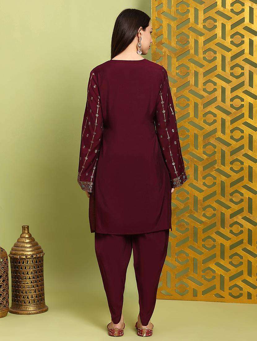 globus women maroon round neck bell sleeves gold foil ethnic print straight kurta with dhoti pants festive set - 22219215 -  Standard Image - 3