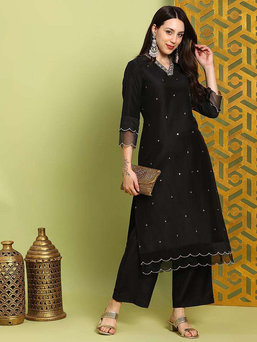 globus women black sequin embroidered v-neck scalloped hem straight kurta with wide leg pants festive set