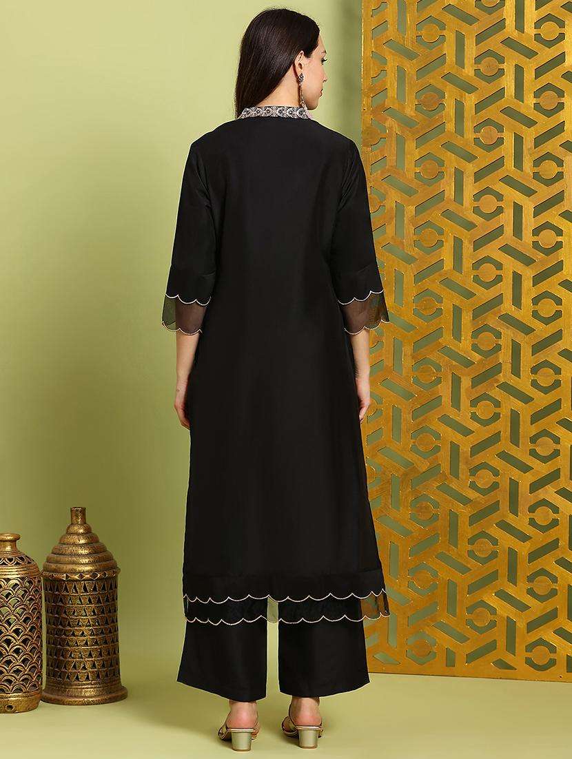 globus women black sequin embroidered v-neck scalloped hem straight kurta with wide leg pants festive set - 22219216 -  Standard Image - 3