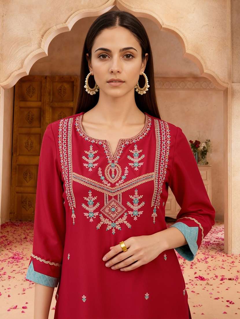 Globus Women Pink Zari Embroidered Yoke Straight Kurta With Wide Leg Pants & Taping Dupatta Festive Set - 22219218 -  Standard Image - 3