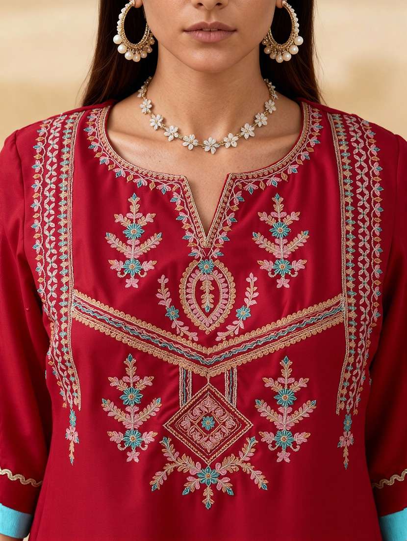 Globus Women Pink Zari Embroidered Yoke Straight Kurta With Wide Leg Pants & Taping Dupatta Festive Set - 22219218 -  Standard Image - 5
