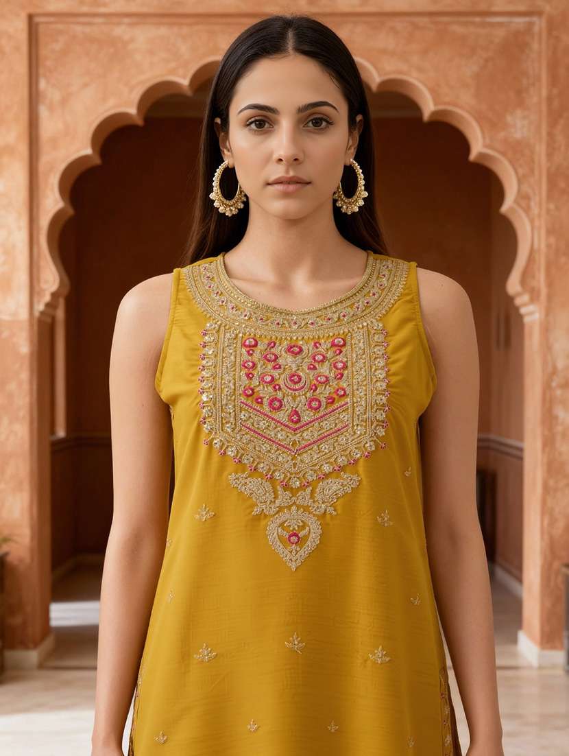 globus women mustard floral zari embroidered round neck straight kurta with sharara & taping dupatta festive set - 22219219 -  Standard Image - 3