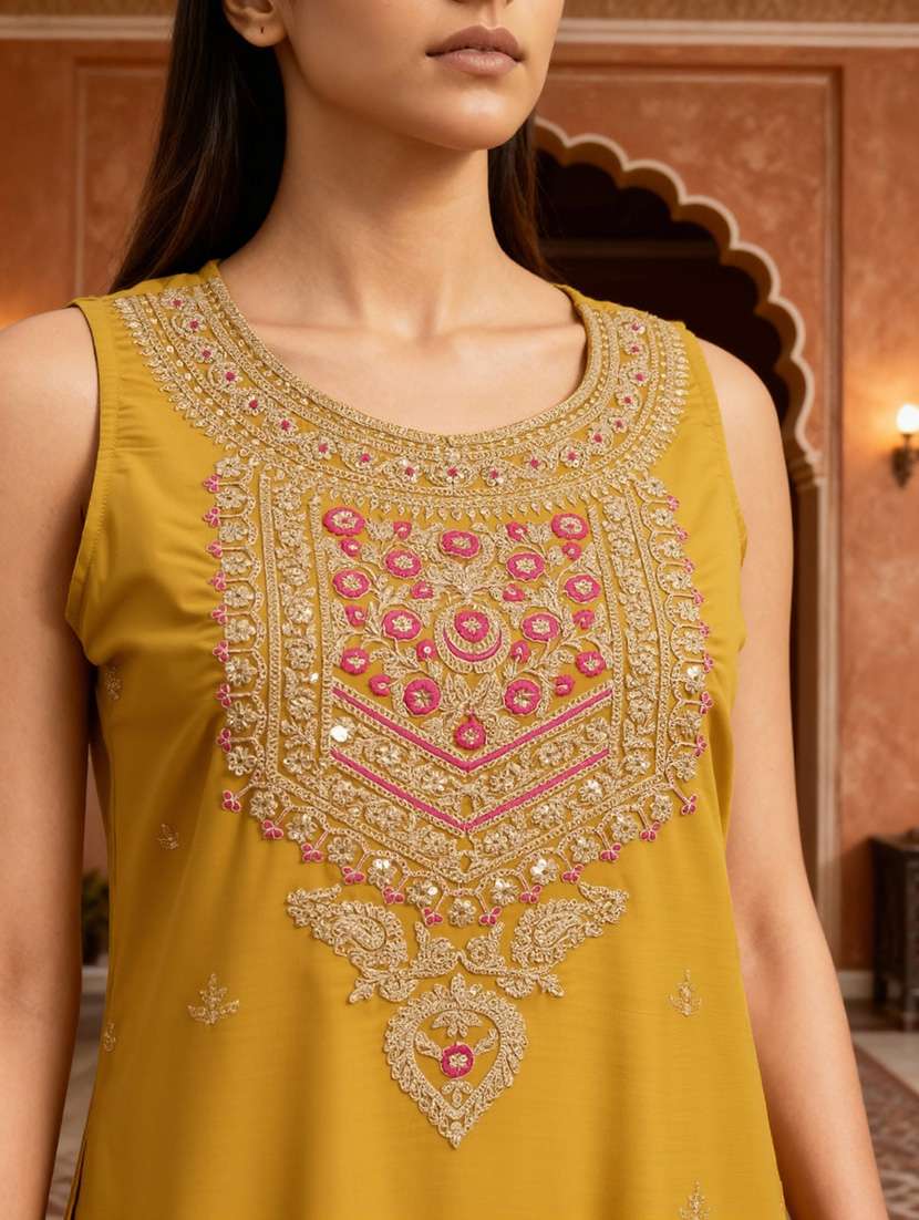 globus women mustard floral zari embroidered round neck straight kurta with sharara & taping dupatta festive set - 22219219 -  Standard Image - 5