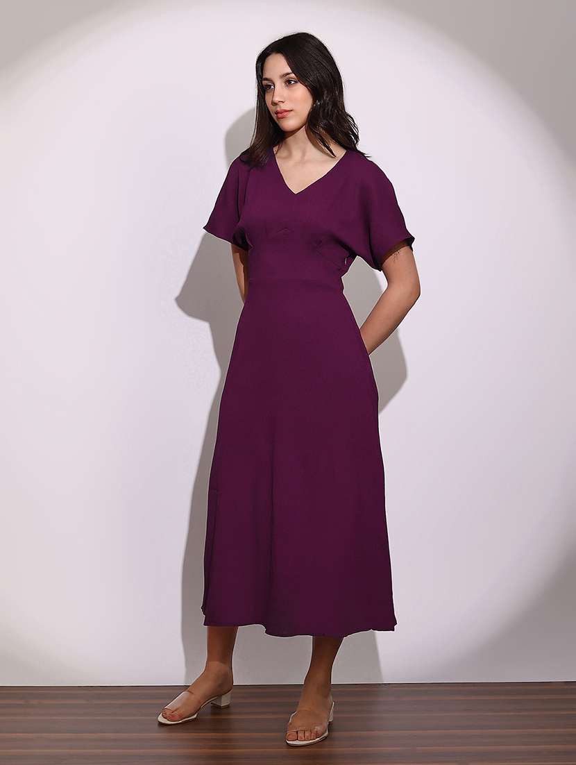 globus women purple v-neck extended sleeves midi a-line dress