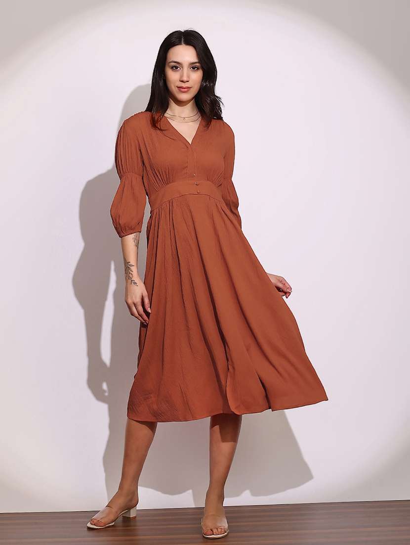 globus women rust v-neck puff sleeves gathered details fit & flare midi dress
