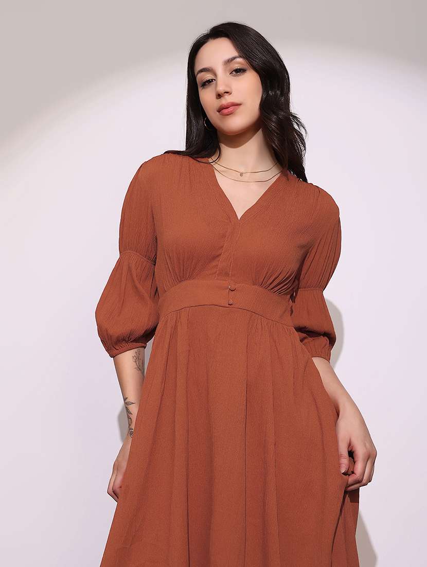 globus women rust v-neck puff sleeves gathered details fit & flare midi dress - 22219225 -  Standard Image - 3