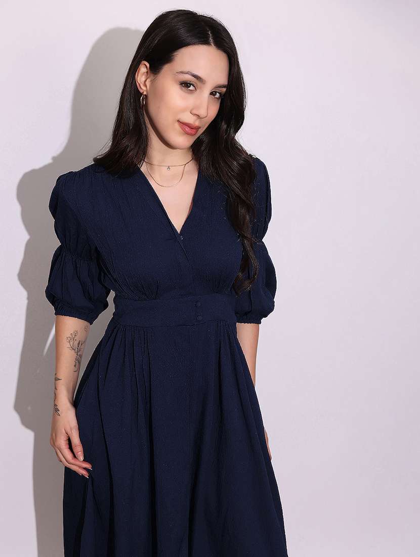globus women blue v-neck puff sleeves gathered details fit & flare midi dress - 22219226 -  Standard Image - 3