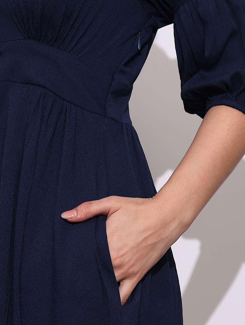 globus women blue v-neck puff sleeves gathered details fit & flare midi dress - 22219226 -  Standard Image - 5