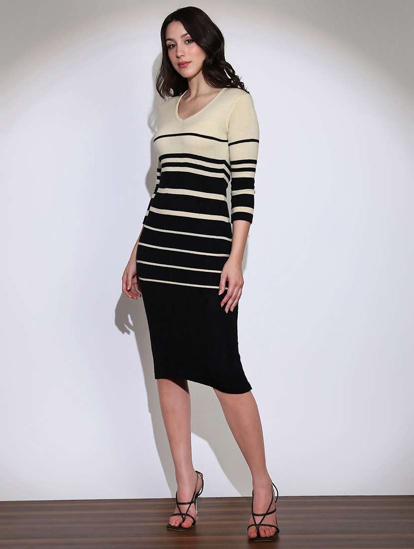 globus women black v-neck self design acrylic midi bodycon dress 