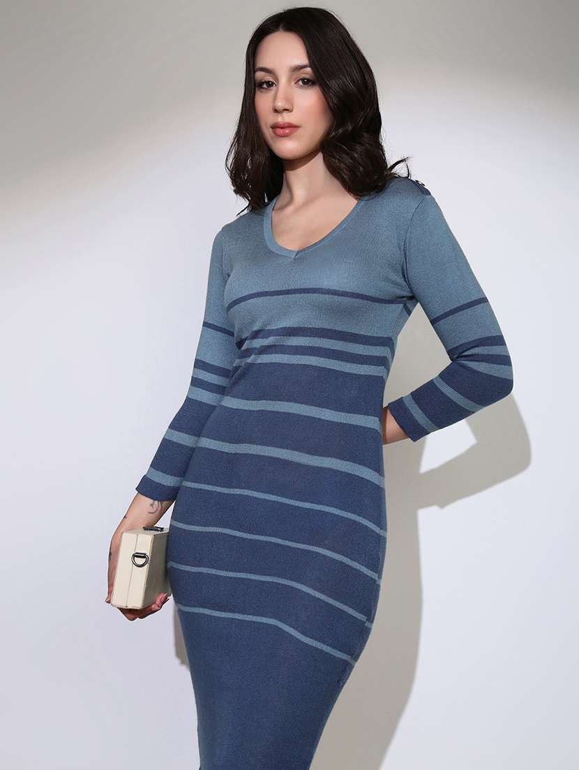 globus women blue v-neck self design acrylic midi bodycon dress  - 22219228 -  Standard Image - 3