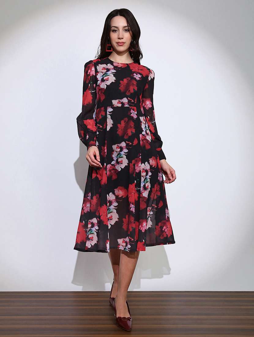 globus women black floral print round neck cuffed sleeve side slits fit & flared midi dress 