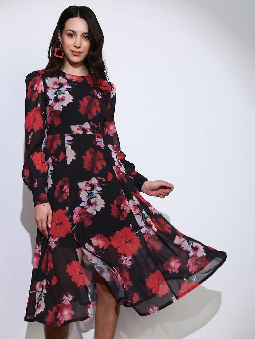 globus women black floral print round neck cuffed sleeve side slits fit & flared midi dress  - 22219229 -  Standard Image - 3