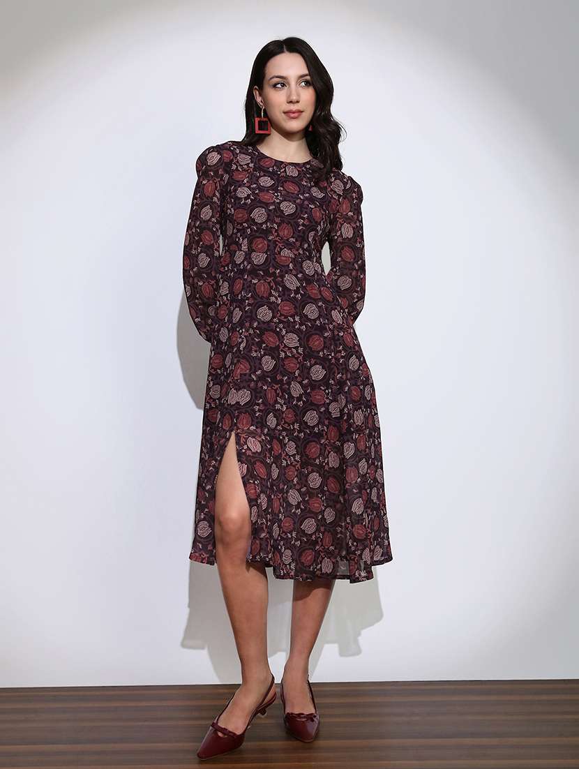 globus women brown floral print round neck cuffed sleeve side slits fit & flared midi dress 