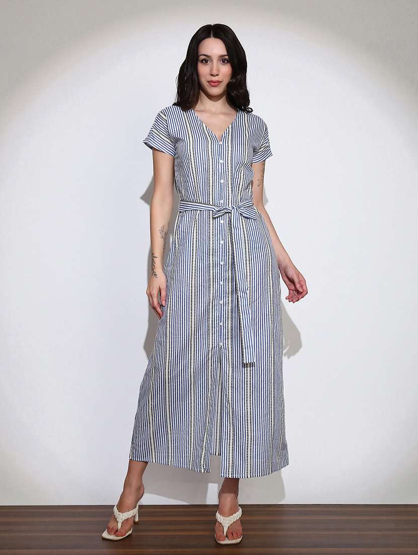 globus women blue striped v-neck extended sleeves front slit belted a-line midi shirt style dress