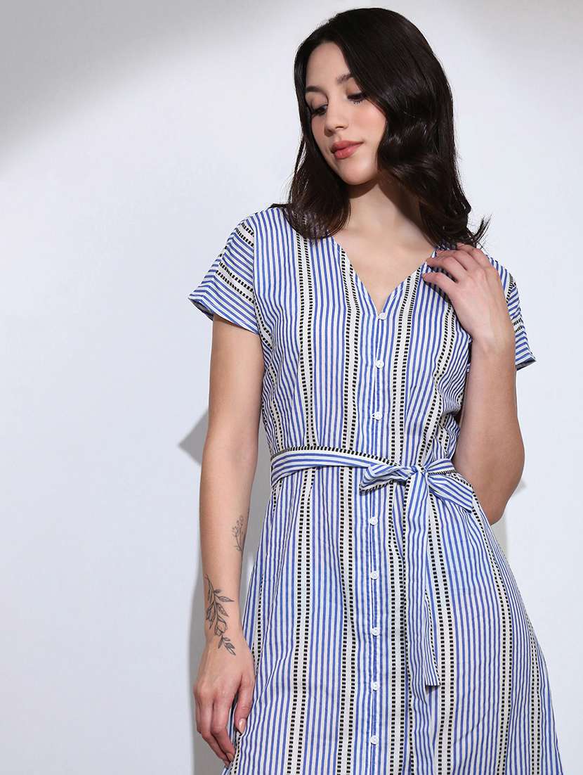 globus women blue striped v-neck extended sleeves front slit belted a-line midi shirt style dress - 22219231 -  Standard Image - 3