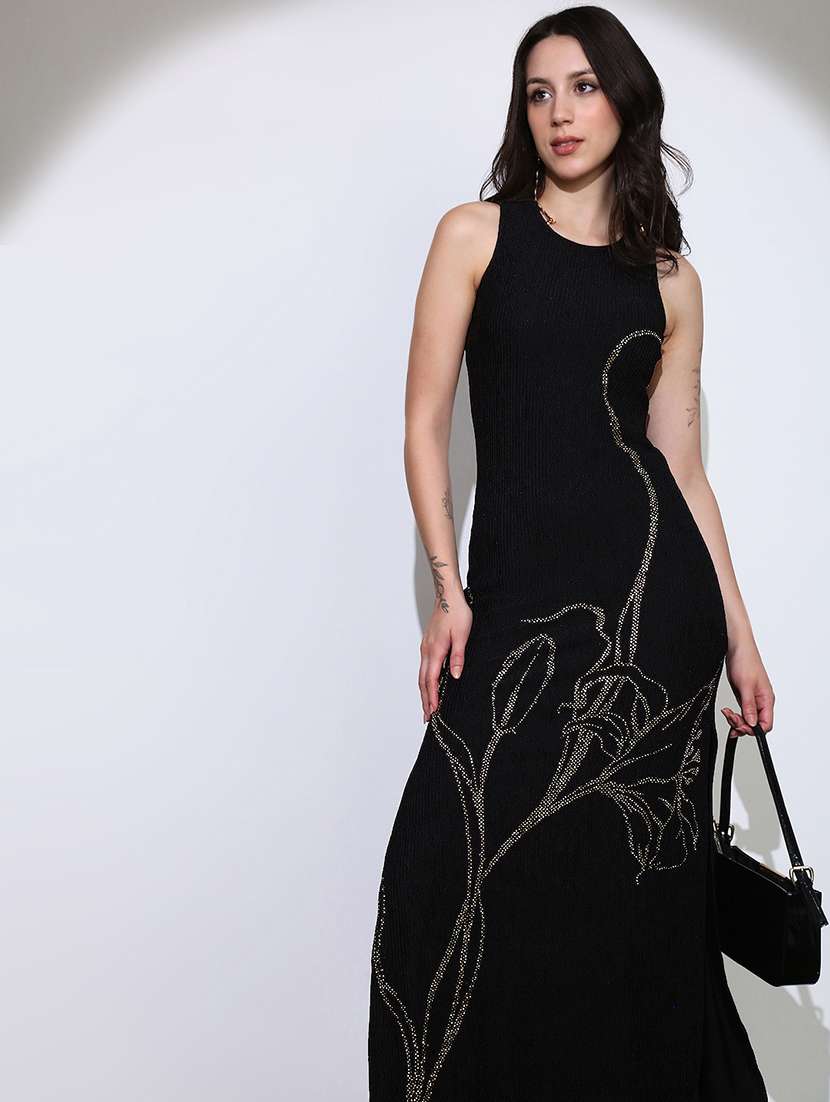 globus women black self design round neck embellished detail side slits bodycon maxi party dress - 22219234 -  Standard Image - 3