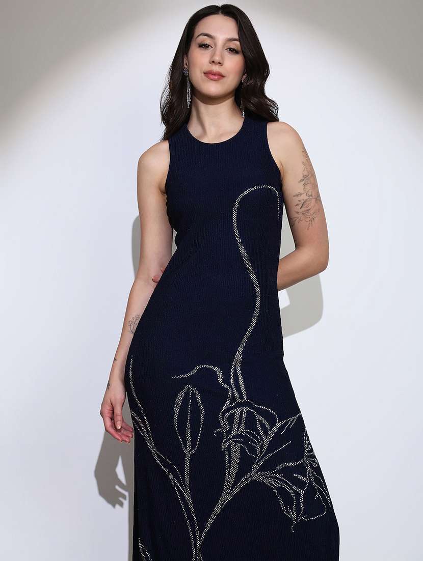 globus women navy blue self design round neck embellished detail side slits bodycon maxi party dress - 22219235 -  Standard Image - 3