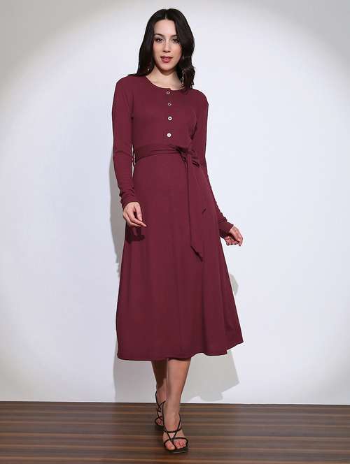 globus women maroon self design round neck long sleeves fit & flared ribbed belted midi dress  - 22219236 -  Standard Image - 0