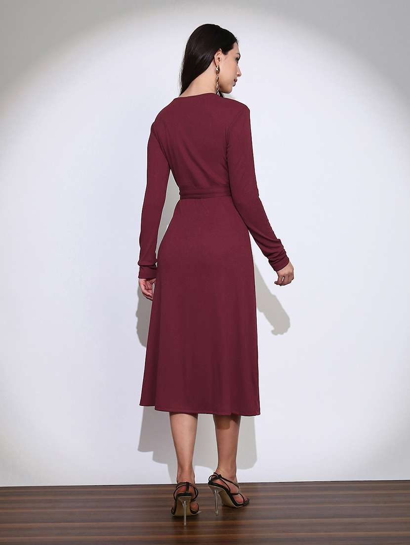 globus women maroon self design round neck long sleeves fit & flared ribbed belted midi dress  - 22219236 -  Standard Image - 3