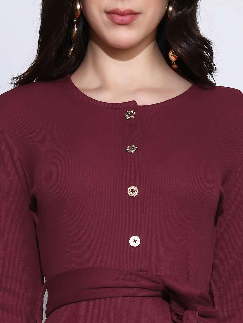globus women maroon self design round neck long sleeves fit & flared ribbed belted midi dress  - 22219236 -  Standard Image - 5