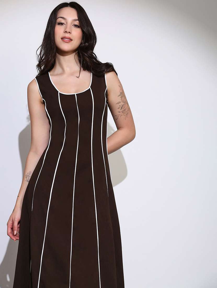 globus women brown scoop neck stripes design flared hem a-line maxi dress - 22219237 -  Standard Image - 3