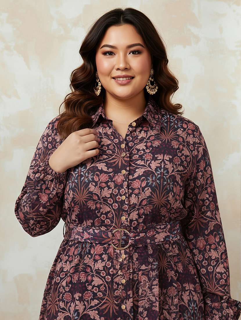 globus gloplus women brown collared neck bishop sleeves floral print pleated midi shirt style plus size dress - 22219240 -  Standard Image - 3