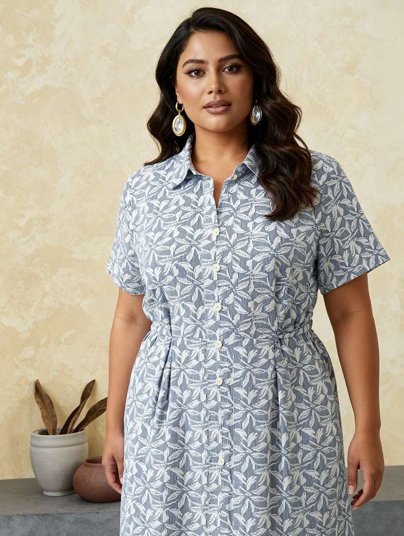 globus gloplus women blue collared neck striped pleated midi fit & flare shirt style plus size dress - 22219241 -  Standard Image - 3