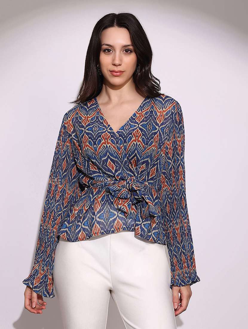 globus women blue georgette ikkat print wrap v-neck flared sleeves waist tie-ups top