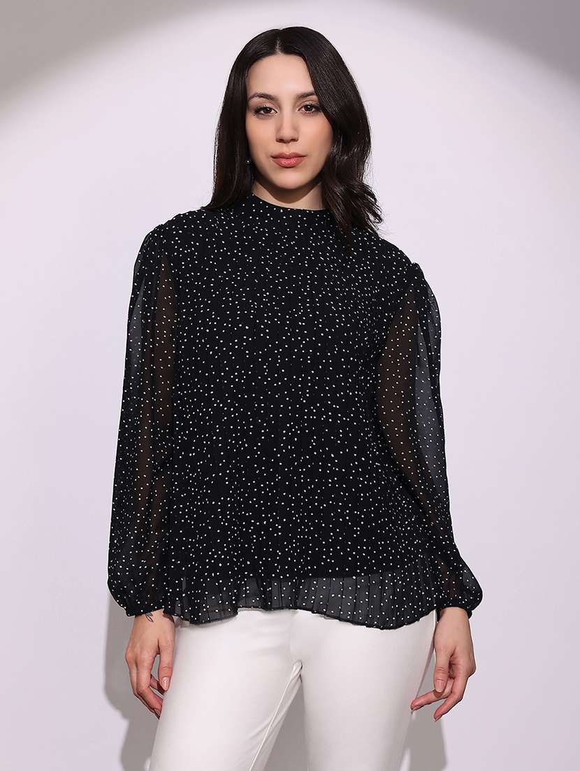 globus women black abstract print high neck bishop sleeves back tie-up detail accordion pleats party top