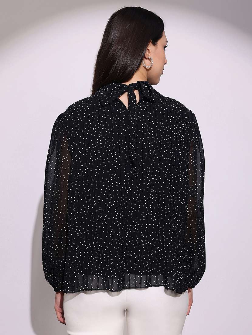 globus women black abstract print high neck bishop sleeves back tie-up detail accordion pleats party top - 22219249 -  Standard Image - 3