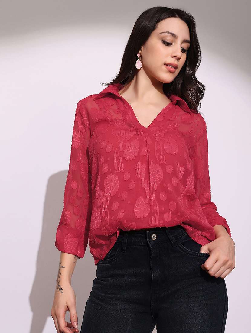 women self deisgned globus women pink collared v-neck long roll-up sleeves floral self design casual topcollared shirt style top