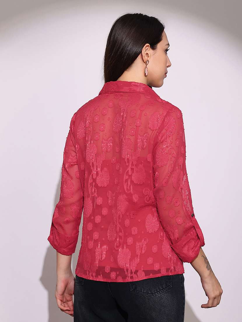 women self deisgned globus women pink collared v-neck long roll-up sleeves floral self design casual topcollared shirt style top - 22219250 -  Standard Image - 3