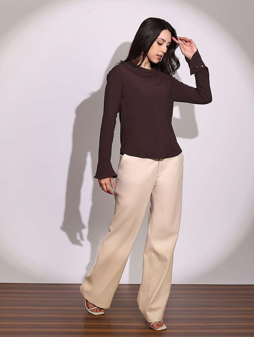 globus women brown cowl neck flared sleeves curved hem party top - 22219251 -  Standard Image - 3